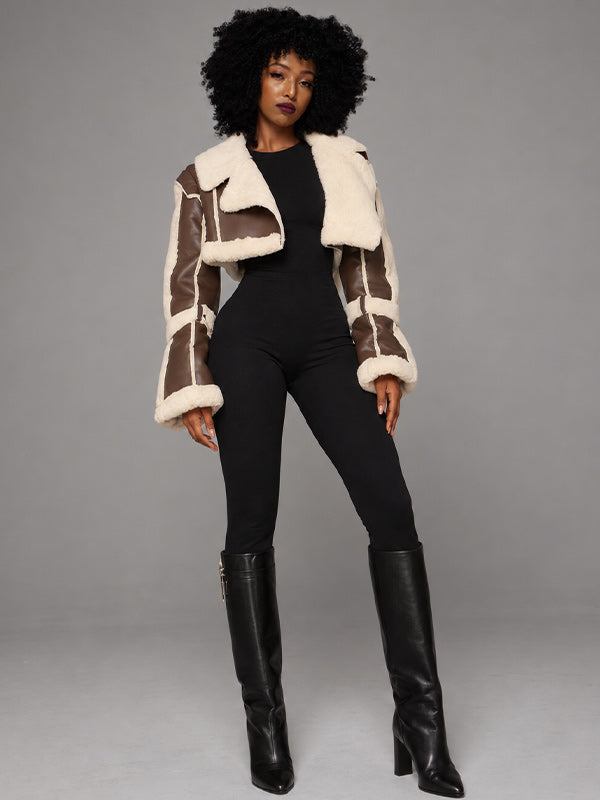 Faux-Leather Cropped Shearling Jacket