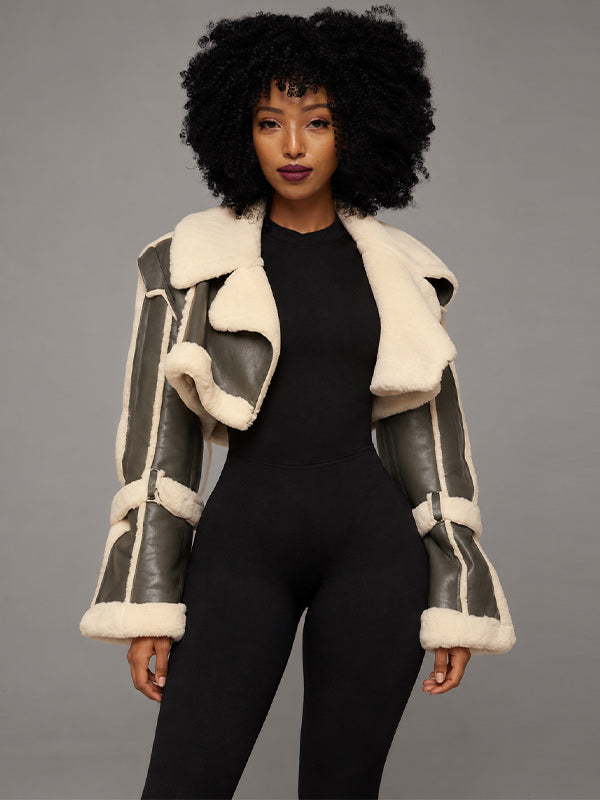 Faux-Leather Cropped Shearling Jacket