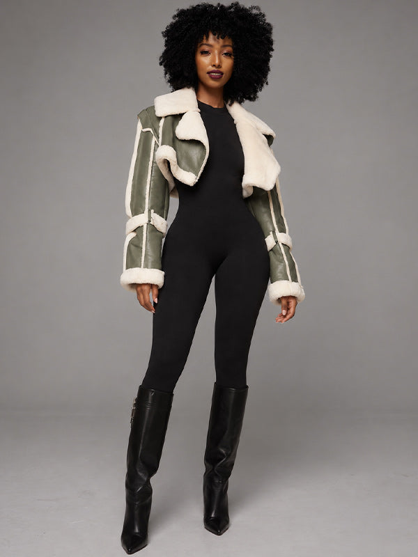 Faux-Leather Cropped Shearling Jacket