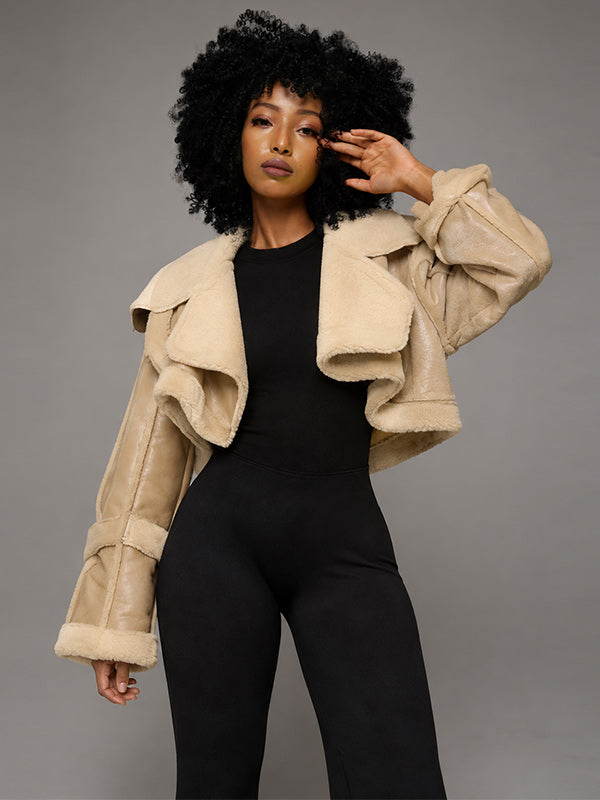 Faux-Leather Cropped Shearling Jacket