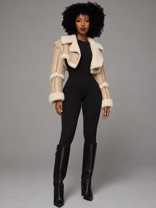 Faux-Leather Cropped Shearling Jacket