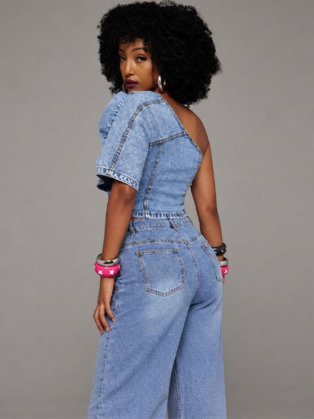 Asymmetric Denim One-Shoulder Top