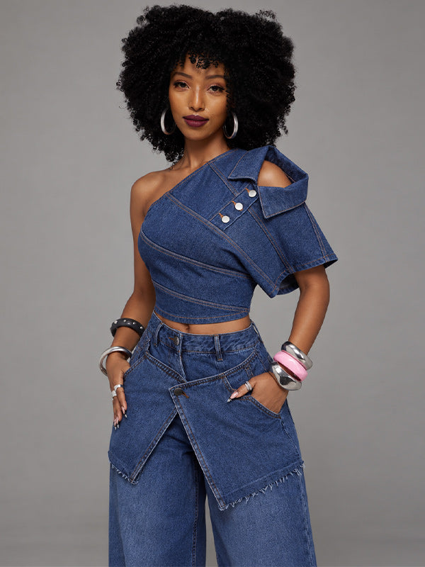 Asymmetric Denim One-Shoulder Top