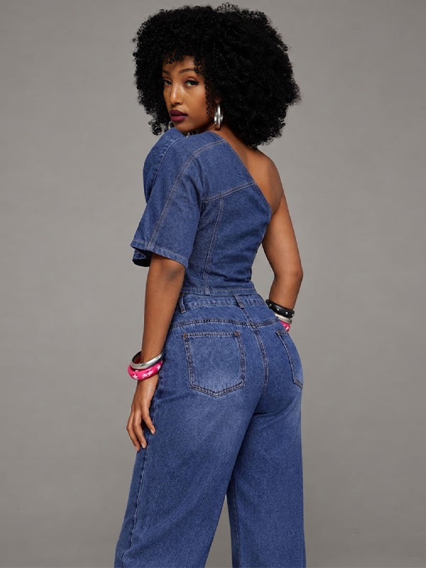 Asymmetric Denim One-Shoulder Top