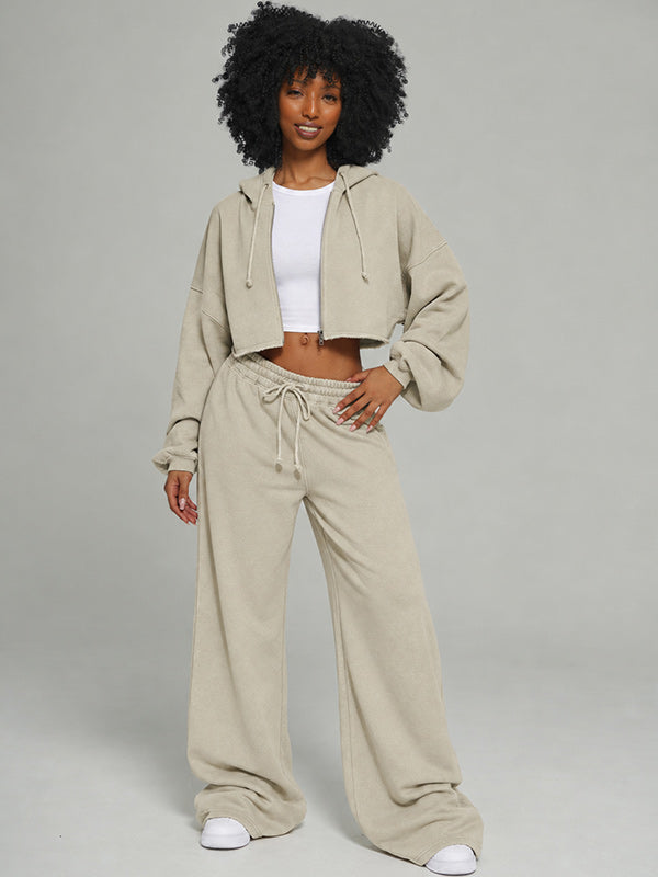 Solid Zip-Front Hoodie & Wide-Leg Pants Set