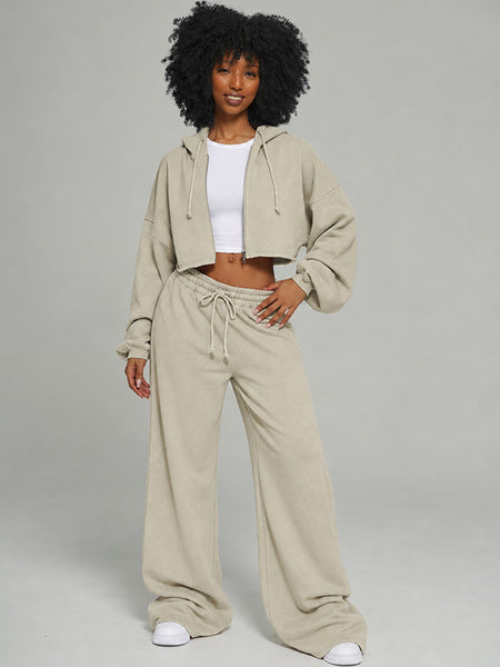Solid Zip-Front Hoodie & Wide-Leg Pants Set