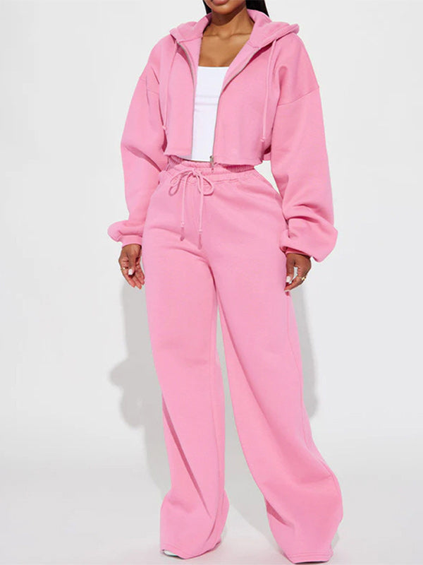 Solid Zip-Front Hoodie & Wide-Leg Pants Set