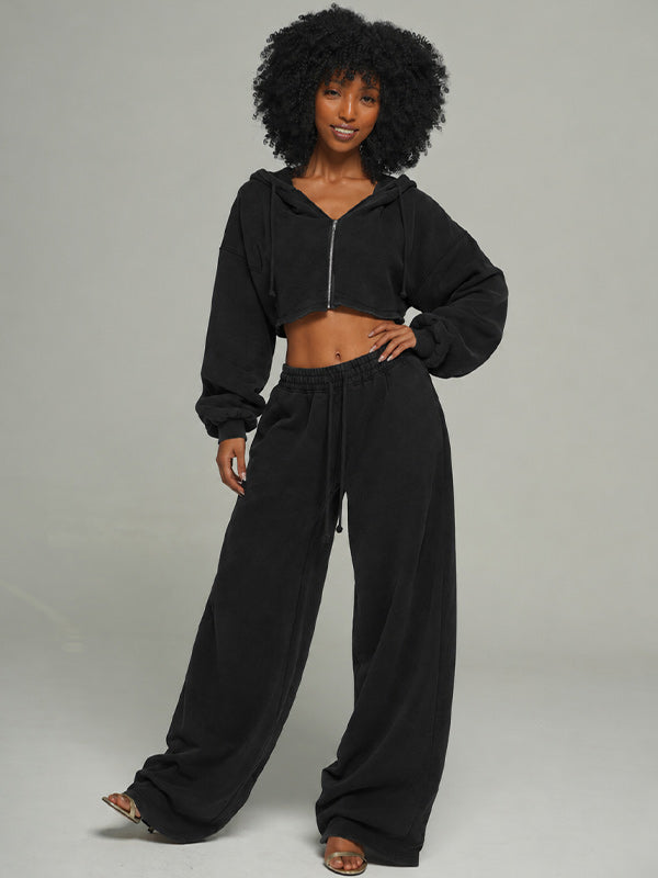 Solid Zip-Front Hoodie & Wide-Leg Pants Set