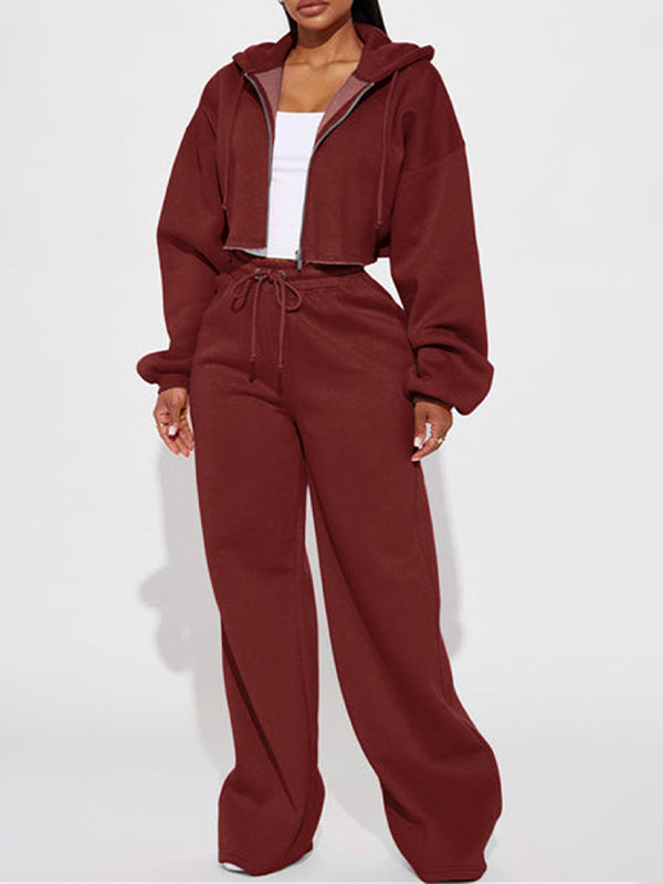 Solid Zip-Front Hoodie & Wide-Leg Pants Set