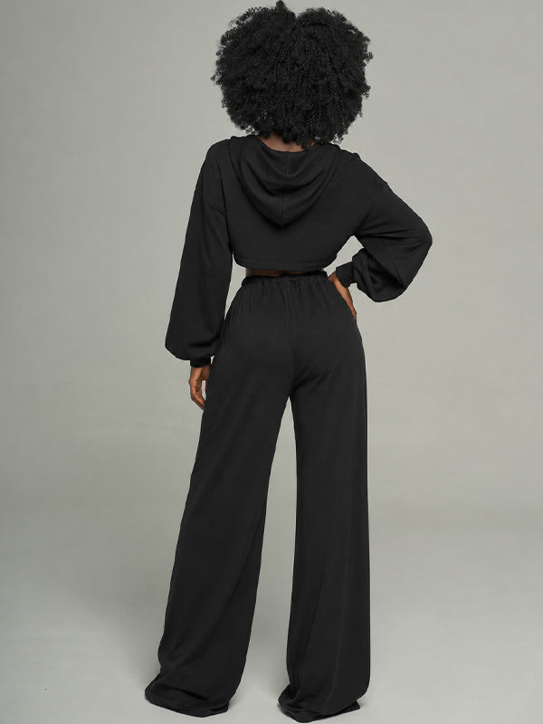 Solid Zip-Front Hoodie & Wide-Leg Pants Set