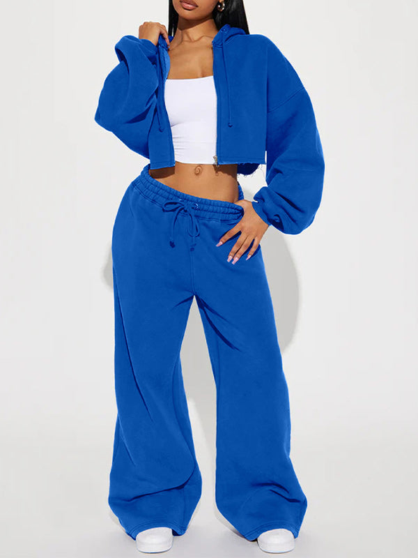 Solid Zip-Front Hoodie & Wide-Leg Pants Set