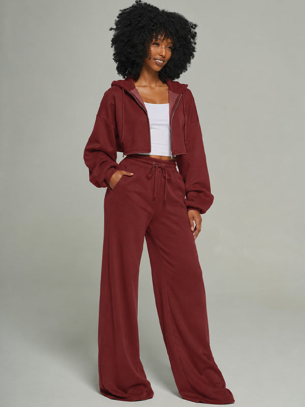 Solid Zip-Front Hoodie & Wide-Leg Pants Set