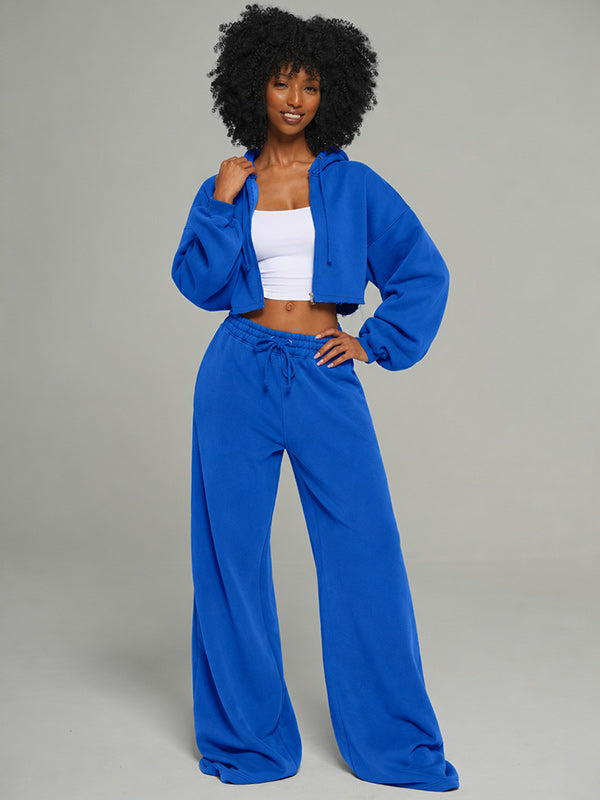 Solid Zip-Front Hoodie & Wide-Leg Pants Set