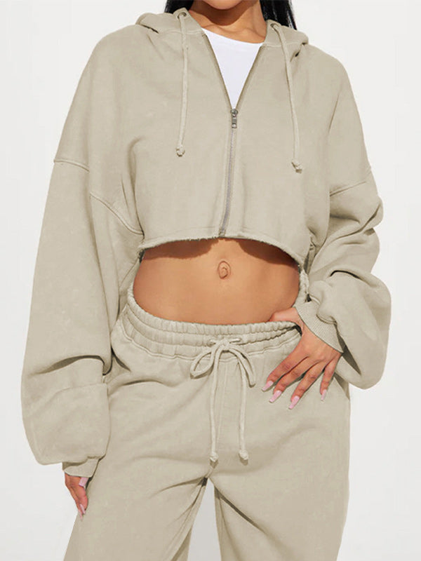 Solid Zip-Front Hoodie & Wide-Leg Pants Set