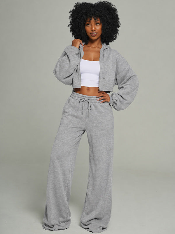 Solid Zip-Front Hoodie & Wide-Leg Pants Set