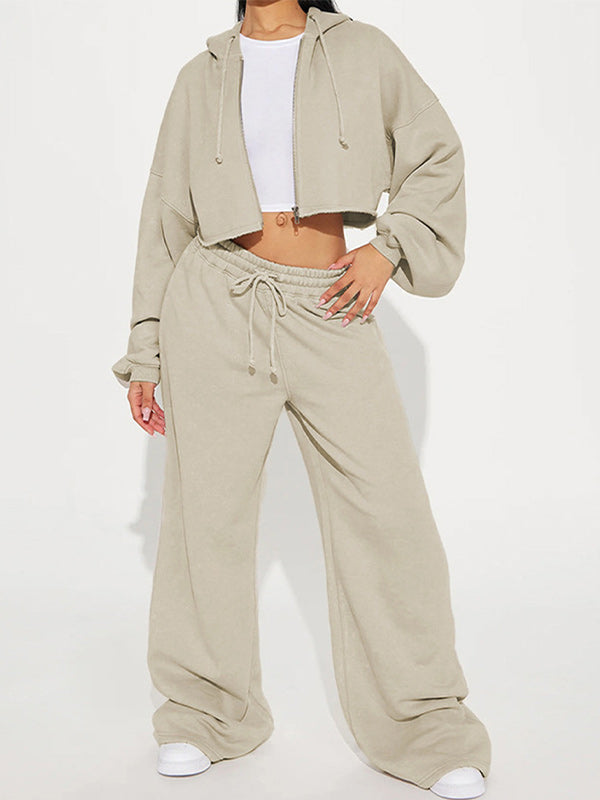 Solid Zip-Front Hoodie & Wide-Leg Pants Set