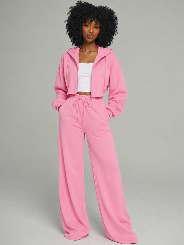 Solid Zip-Front Hoodie & Wide-Leg Pants Set