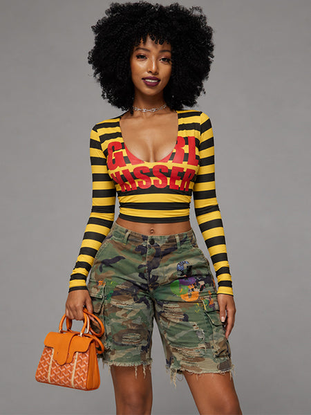 Letter-Print Stripe V-Neck Tee