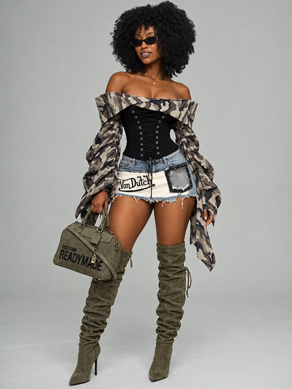 Camo Off-Shoulder Lace-Up Corset Top
