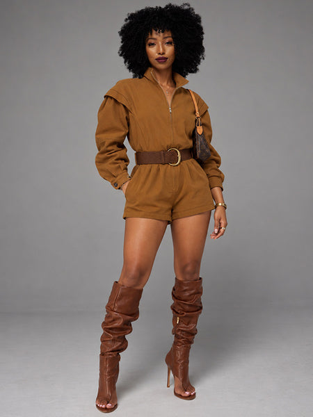 Zip Front Belted Utility Romper