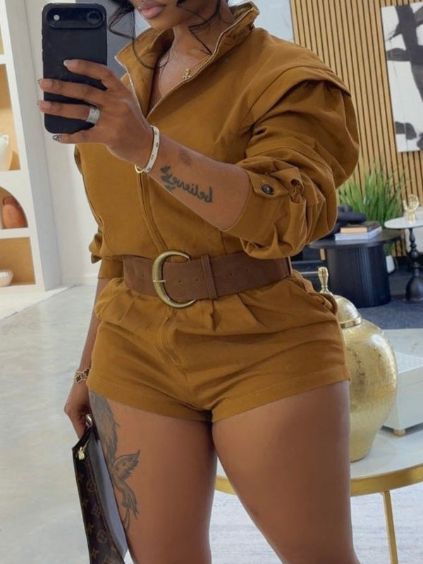 Zip Front Belted Utility Romper