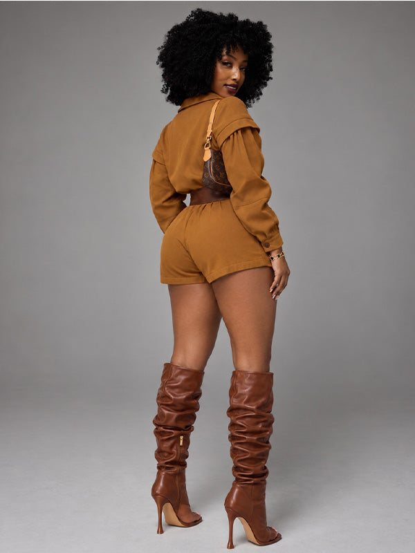 Zip Front Belted Utility Romper