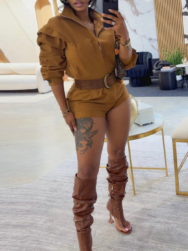 Zip Front Belted Utility Romper