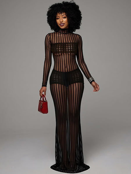 Stripe Mock-Neck Sheer Dress