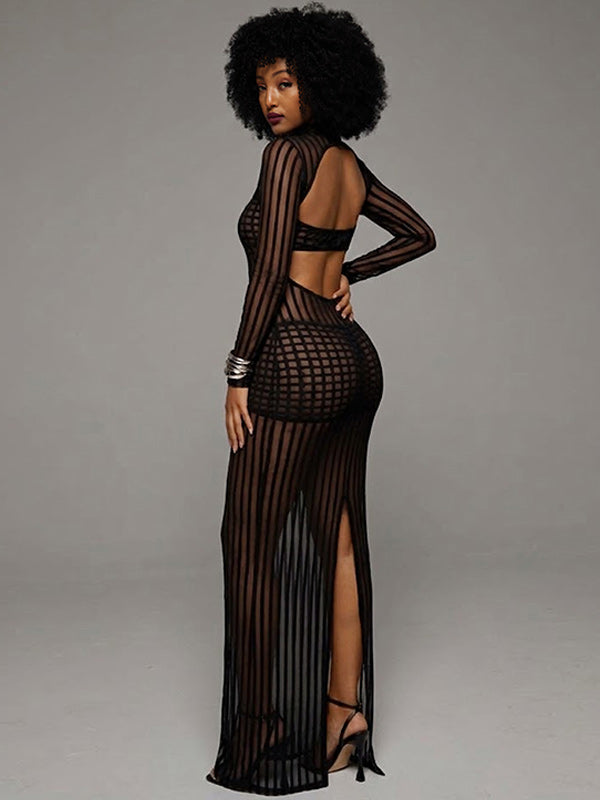 Stripe Mock-Neck Sheer Dress