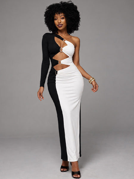 Two-Tone One-Shoulder Cutout Dress