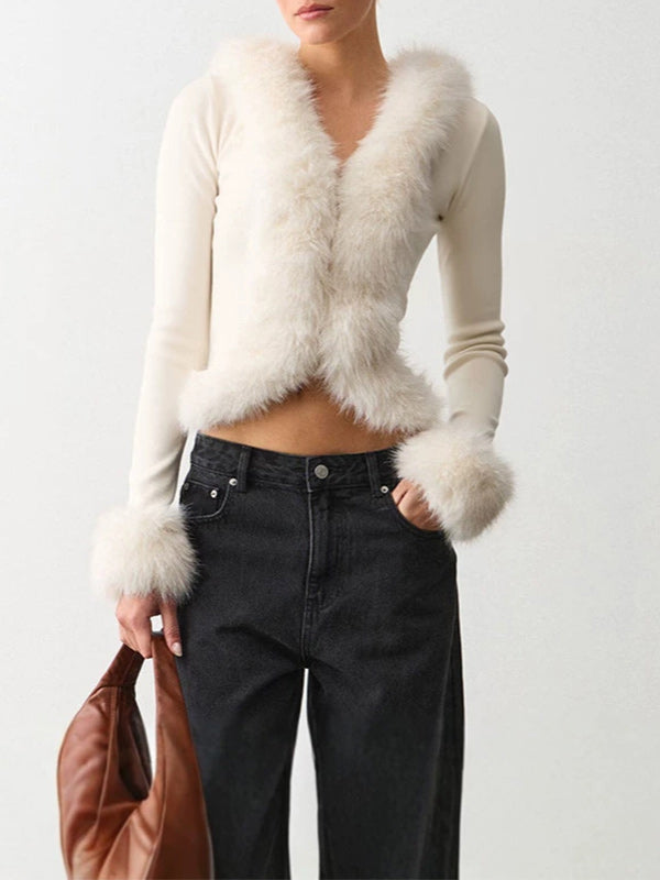 Faux-Fur Combo V-Neck Top