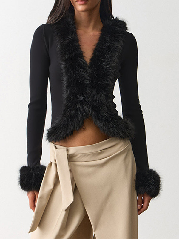 Faux-Fur Combo V-Neck Top