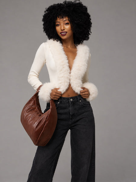 Faux-Fur Combo V-Neck Top