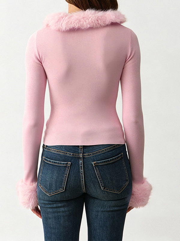 Faux-Fur Combo V-Neck Top