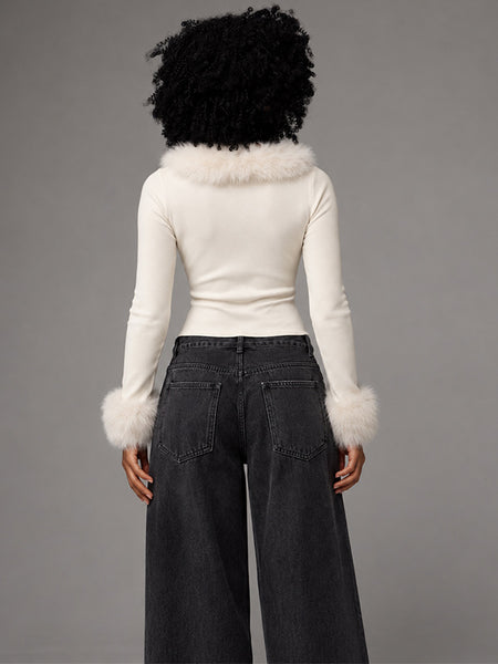 Faux-Fur Combo V-Neck Top