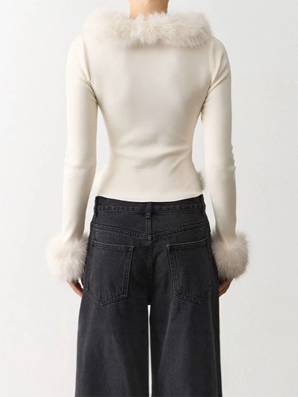 Faux-Fur Combo V-Neck Top