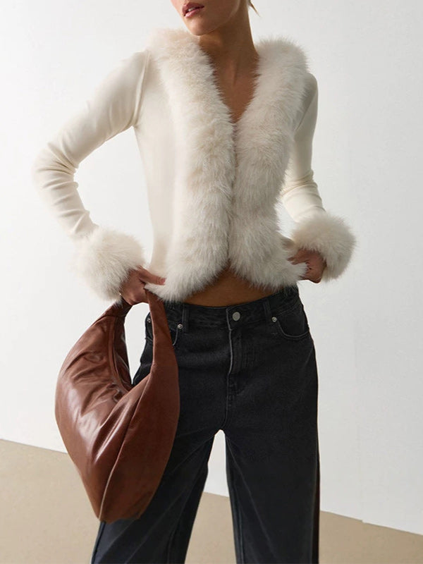 Faux-Fur Combo V-Neck Top