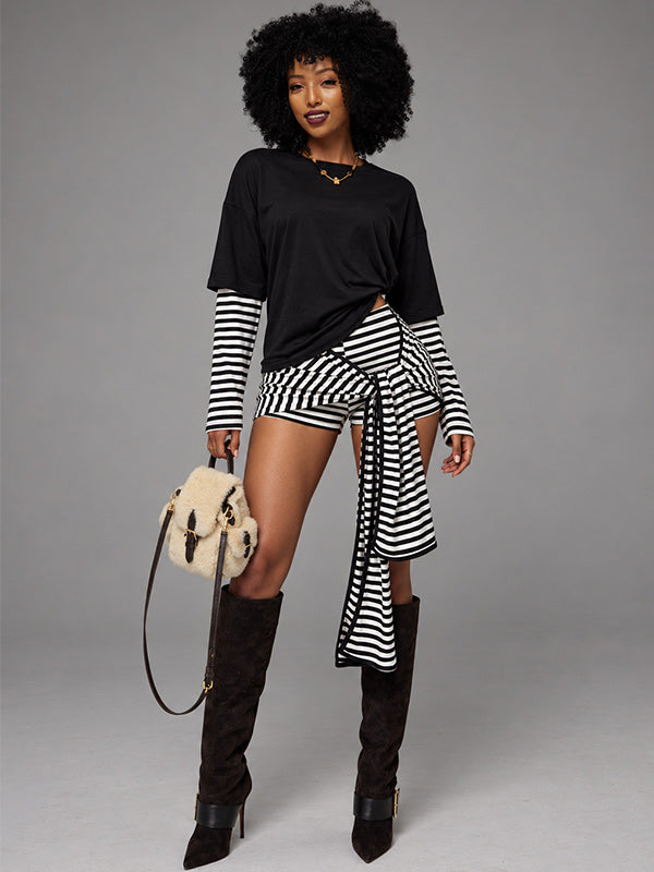 Stripe Combo Top & Tied Shorts Set