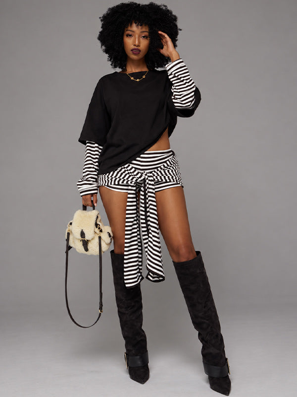 Stripe Combo Top & Tied Shorts Set
