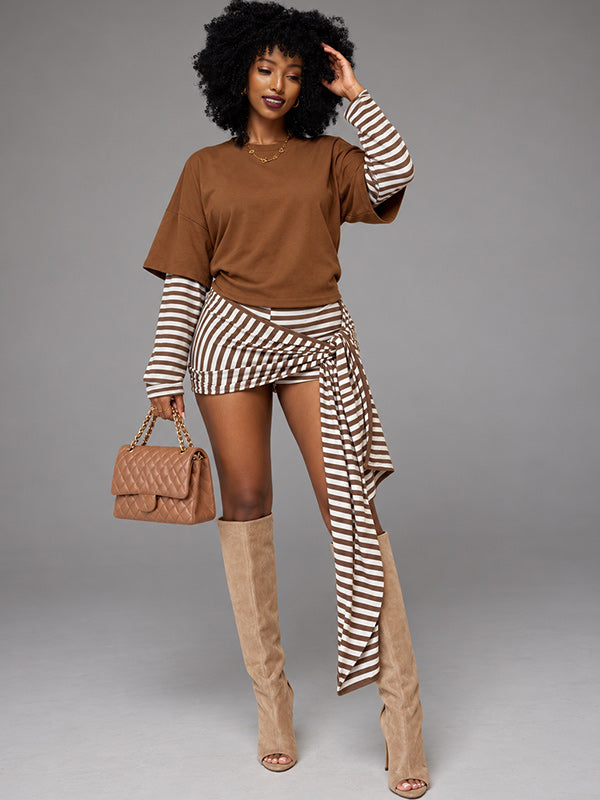 Stripe Combo Top & Tied Shorts Set