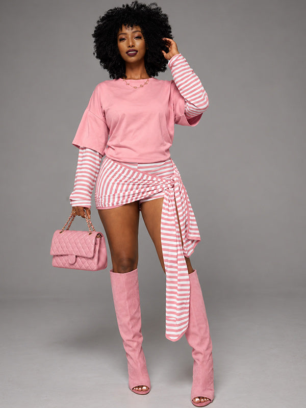Stripe Combo Top & Tied Shorts Set