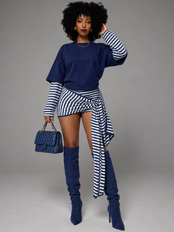 Stripe Combo Top & Tied Shorts Set