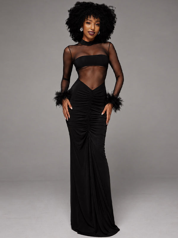Black Sheer Mesh Feather Cuff Maxi Dress