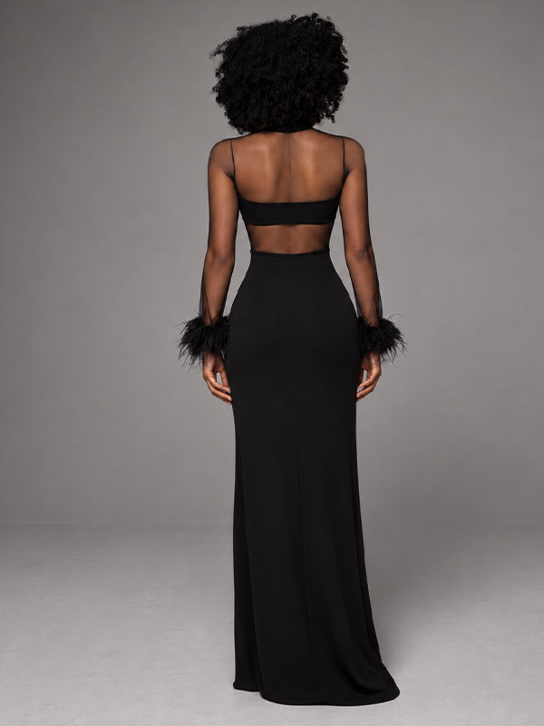 Black Sheer Mesh Feather Cuff Maxi Dress