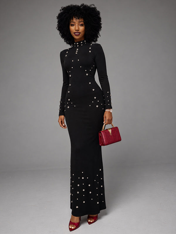 Studded Mock-Neck Bodycon Maxi Dress