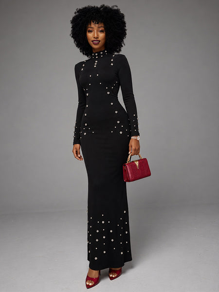 Studded Mock-Neck Bodycon Maxi Dress