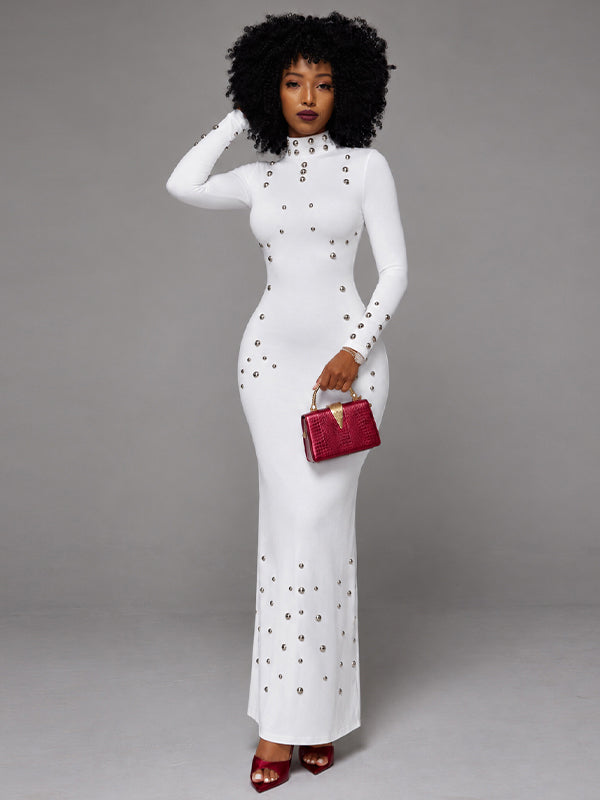 Studded Mock-Neck Bodycon Maxi Dress