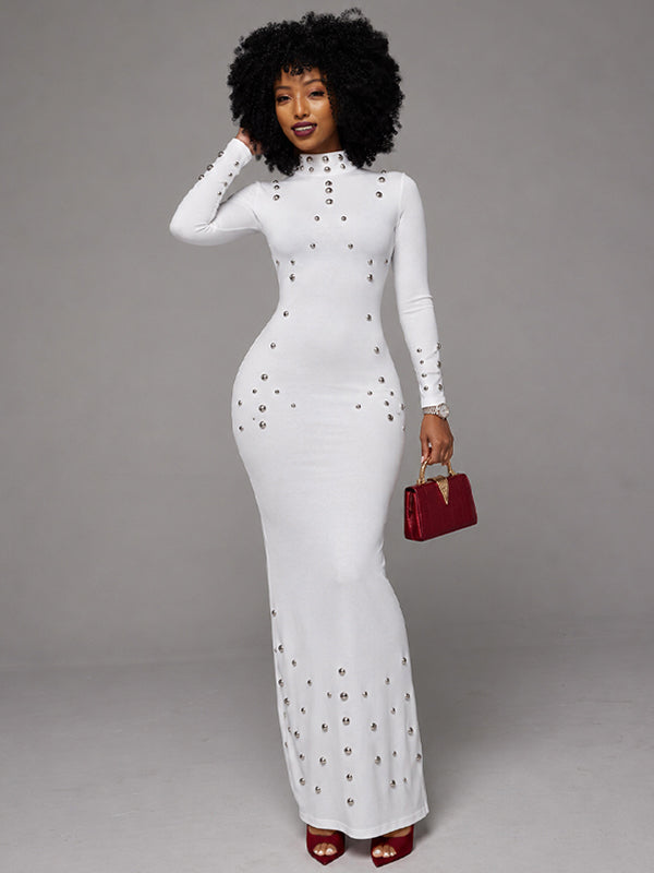 Studded Mock-Neck Bodycon Maxi Dress