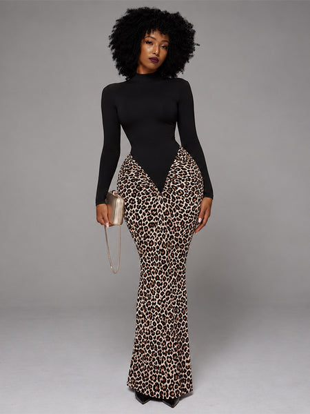 Mock-Neck Leopard Print Maxi Dress