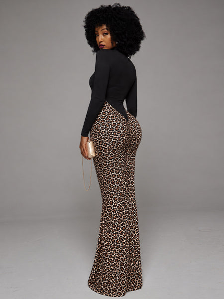 Mock-Neck Leopard Print Maxi Dress